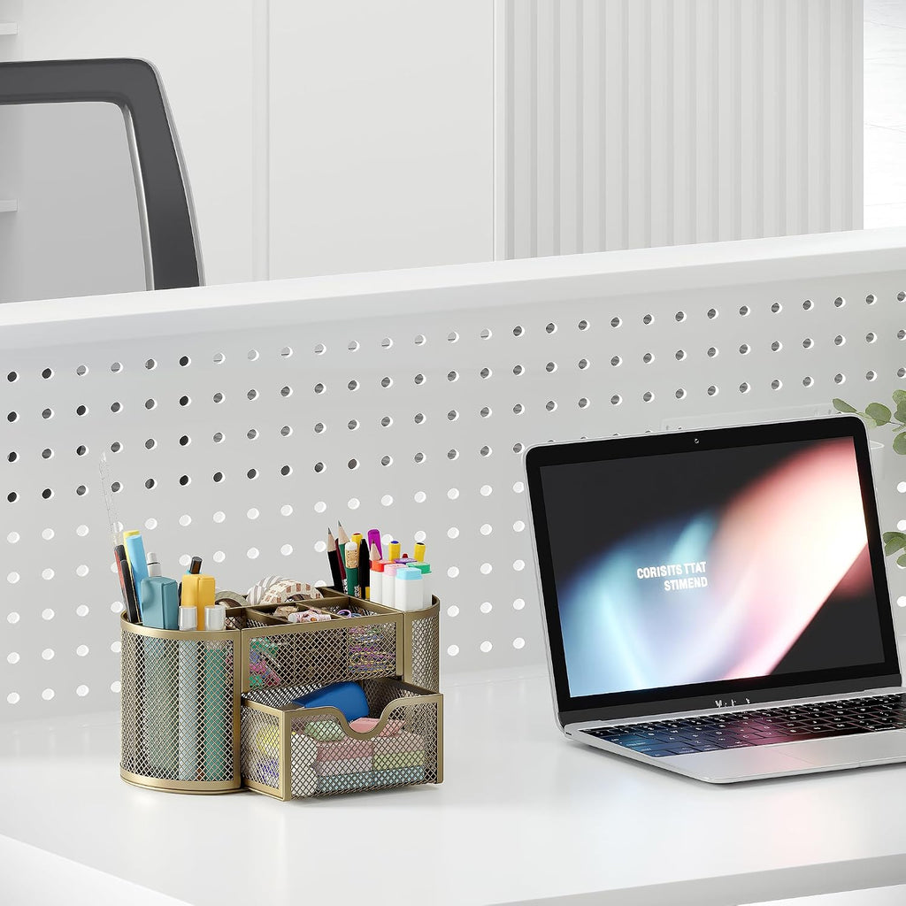 EasyPAG Mesh Pen Holder Desk Organizer with Drawer Stationery Supplies Organizer for Dorm School 9 Compartments Workspace Desk Accessories Organization for Office, Gold
