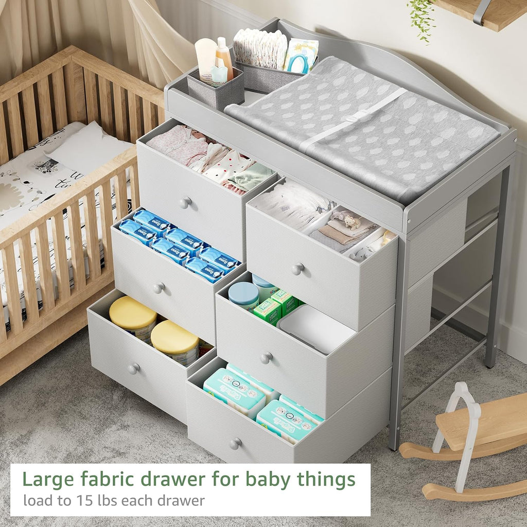 BOLUO Changing Table Dresser with 6 Fabric Drawers, Baby Dresser with Changing Table Top Diaper Changing Station with Storage for Nursery Modern Grey