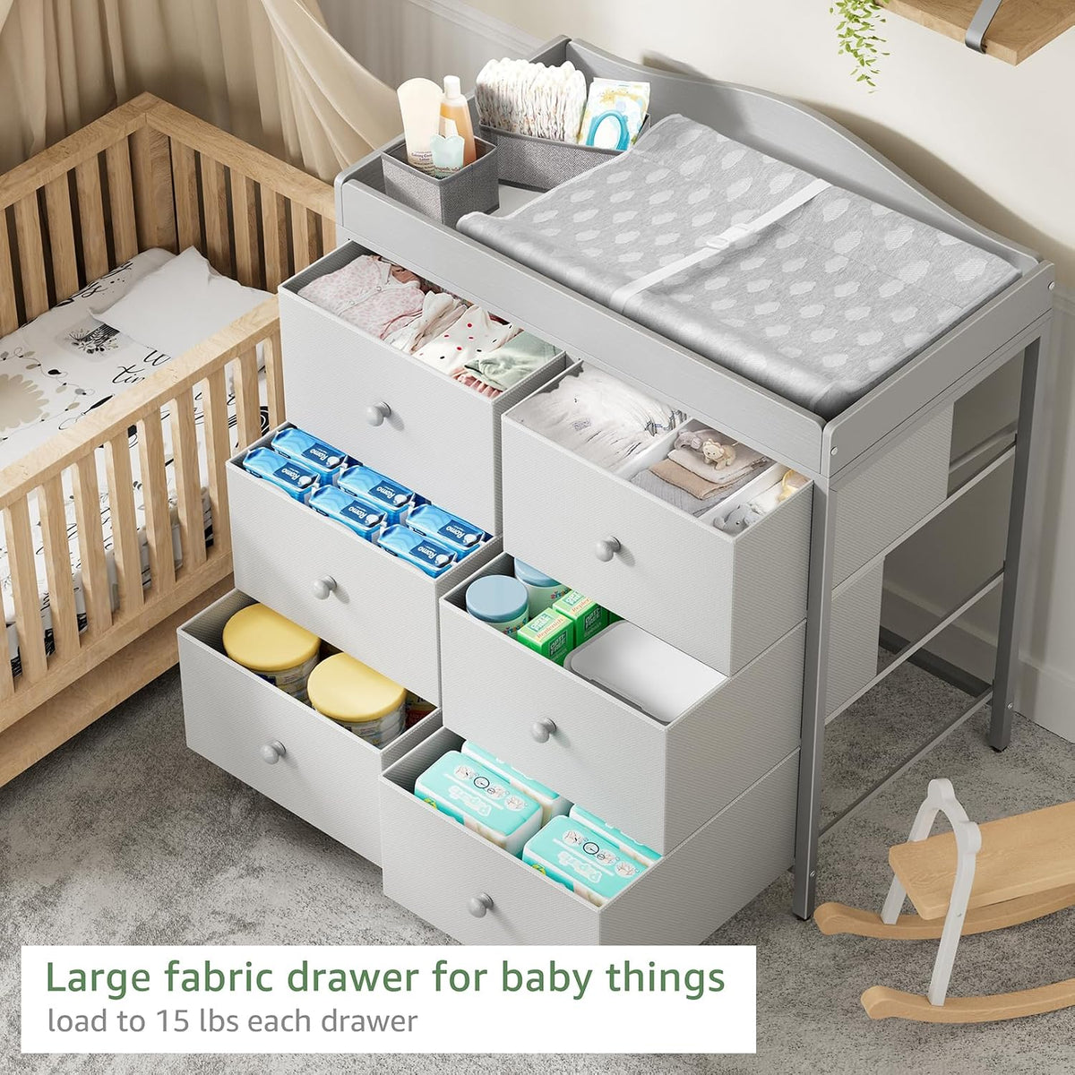 BOLUO Changing Table Dresser with 6 Fabric Drawers, Baby Dresser with Changing Table Top Diaper Changing Station with Storage for Nursery Modern Grey