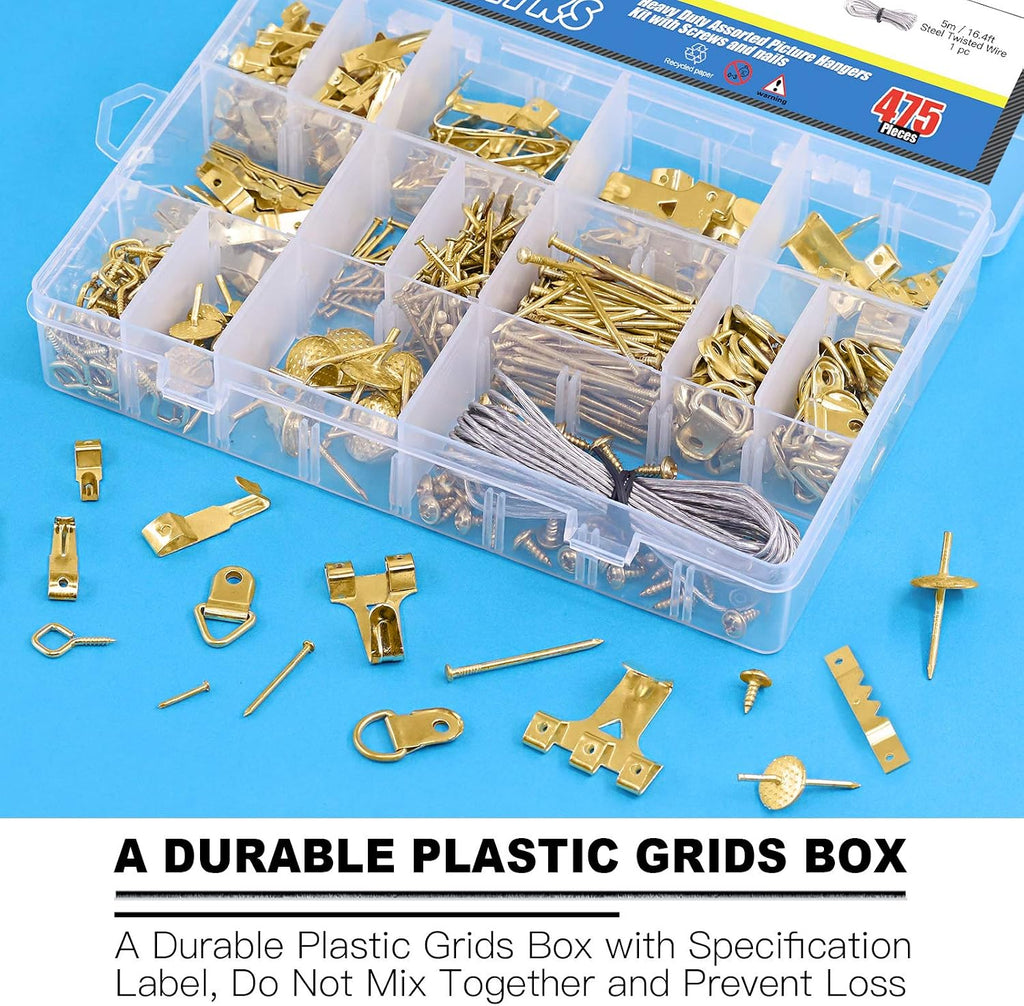 Glarks 307Pcs Picture Hanging Kit, Picture Frame Hanger Tool with Level Ruler and 306Pcs Nails, Hooks, Hanging Wire, Screw Eyes, D Ring and Sawtooth Hanger for Frame Hanging Wall Mounting