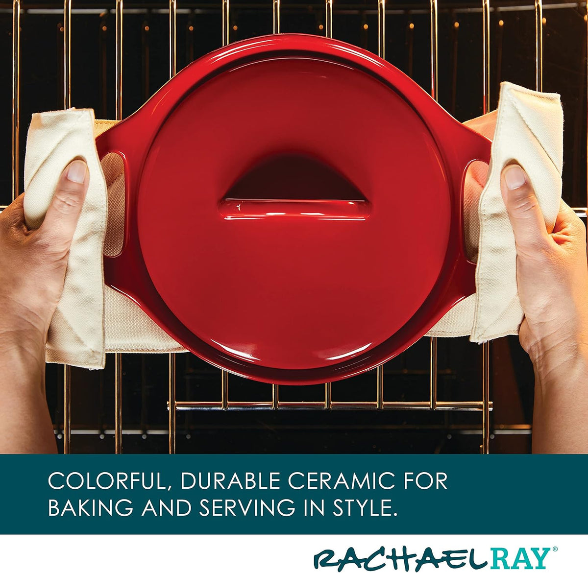 Rachael Ray Solid Glaze Ceramics Casserole Bakers/Baking Dish with Shared Lid Set, 3 Piece, Red