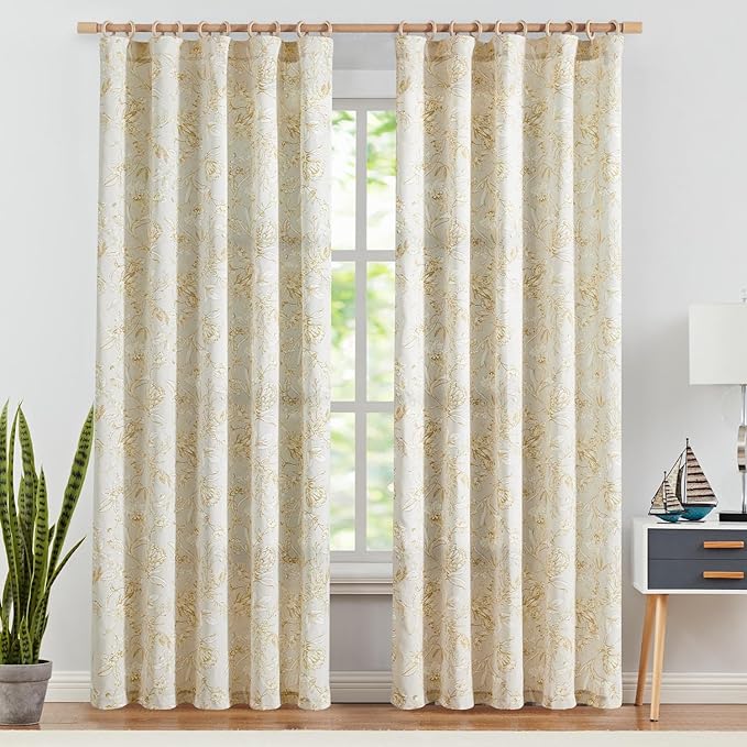 jinchan Floral Curtains 84 Inches Long Mustard Yellow Flower Linen Farmhouse - Image 2