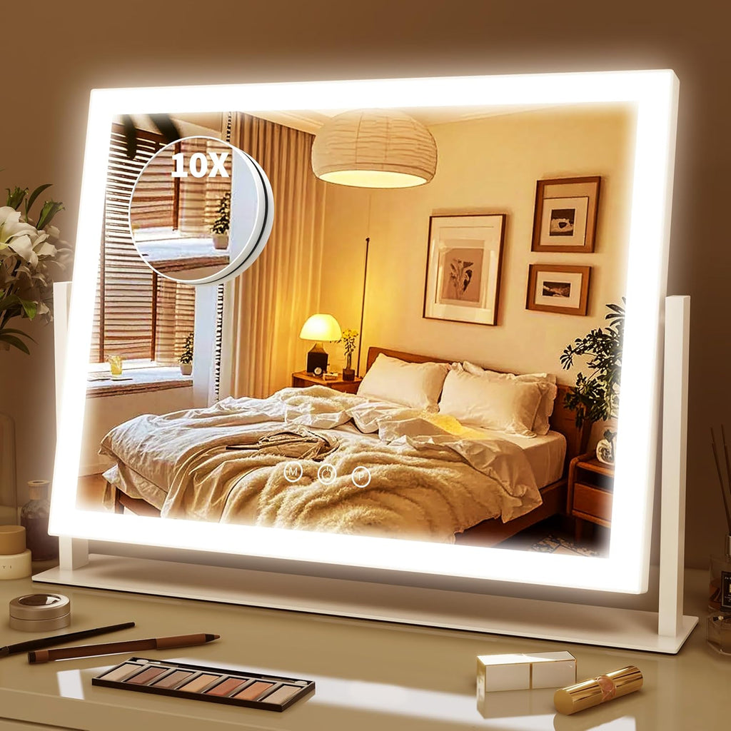 ROLOVE Lighted Makeup Mirror, 17"x13" Vanity Mirror with Lights, 10X Magnification, Gifts for Women, 3 Color Lighting Modes, Smart Touch Control, 360° Rotation for Bedroom or Tabletop (White)