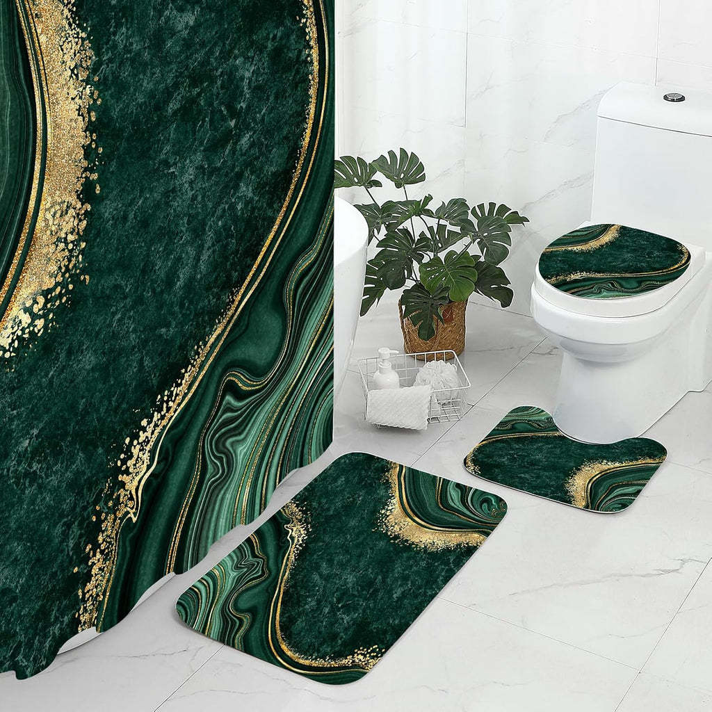 Gibelle 4 Pcs Luxury Marble Shower Curtain Set with Non-Slip Rugs, Toilet Lid Cover and Bath Mat, Gold Foil Emerald Green Bathroom Decor Set with Shower Curtain and Rugs and Accessories