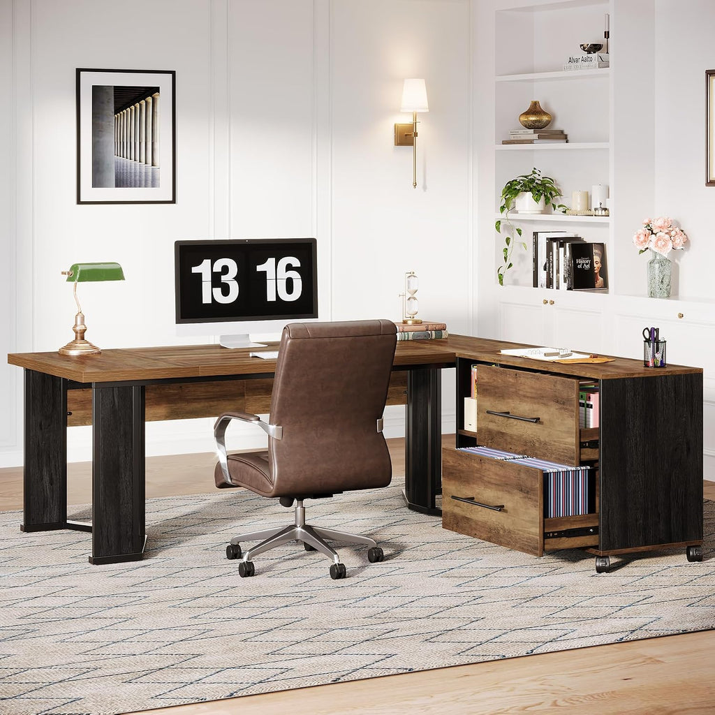 Tribesigns 70.86" Executive Desk with Mobile File Cabinet, Large L Shaped Computer Office Desk with 2 Drawers and Storage Shelves, Business Furniture Desk Workstation for Home Office (Rustic Brown)