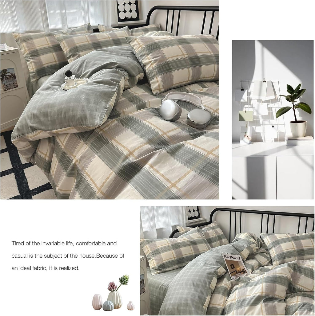 mixinni Full Comforter Set Green Geometric Checkered Plaid Bedding Comforter Set Men Boys Modern Style All Season Soft Fluffy Lightweight Bedding Set-Full Size