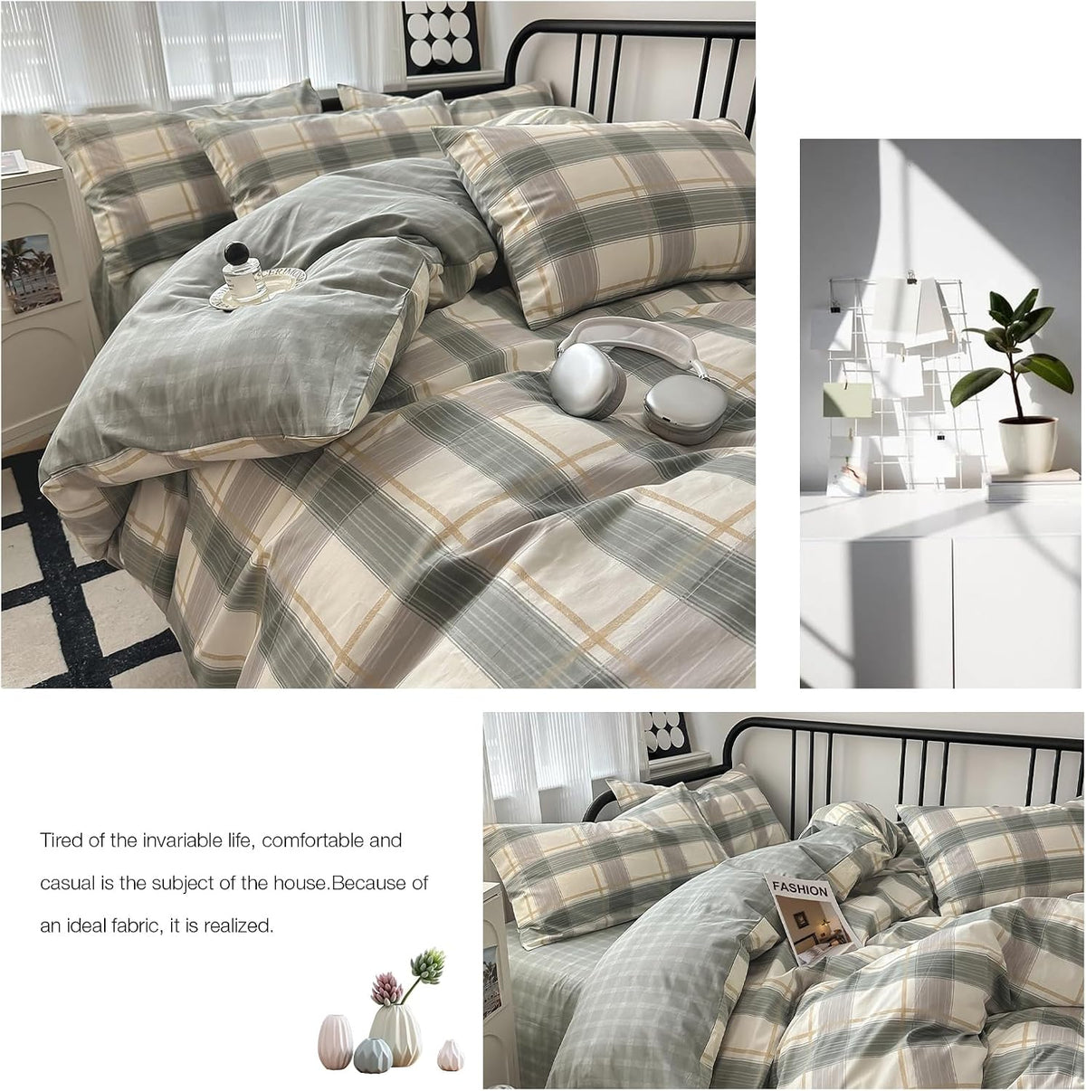 mixinni Full Comforter Set Green Geometric Checkered Plaid Bedding Comforter Set Men Boys Modern Style All Season Soft Fluffy Lightweight Bedding Set-Full Size