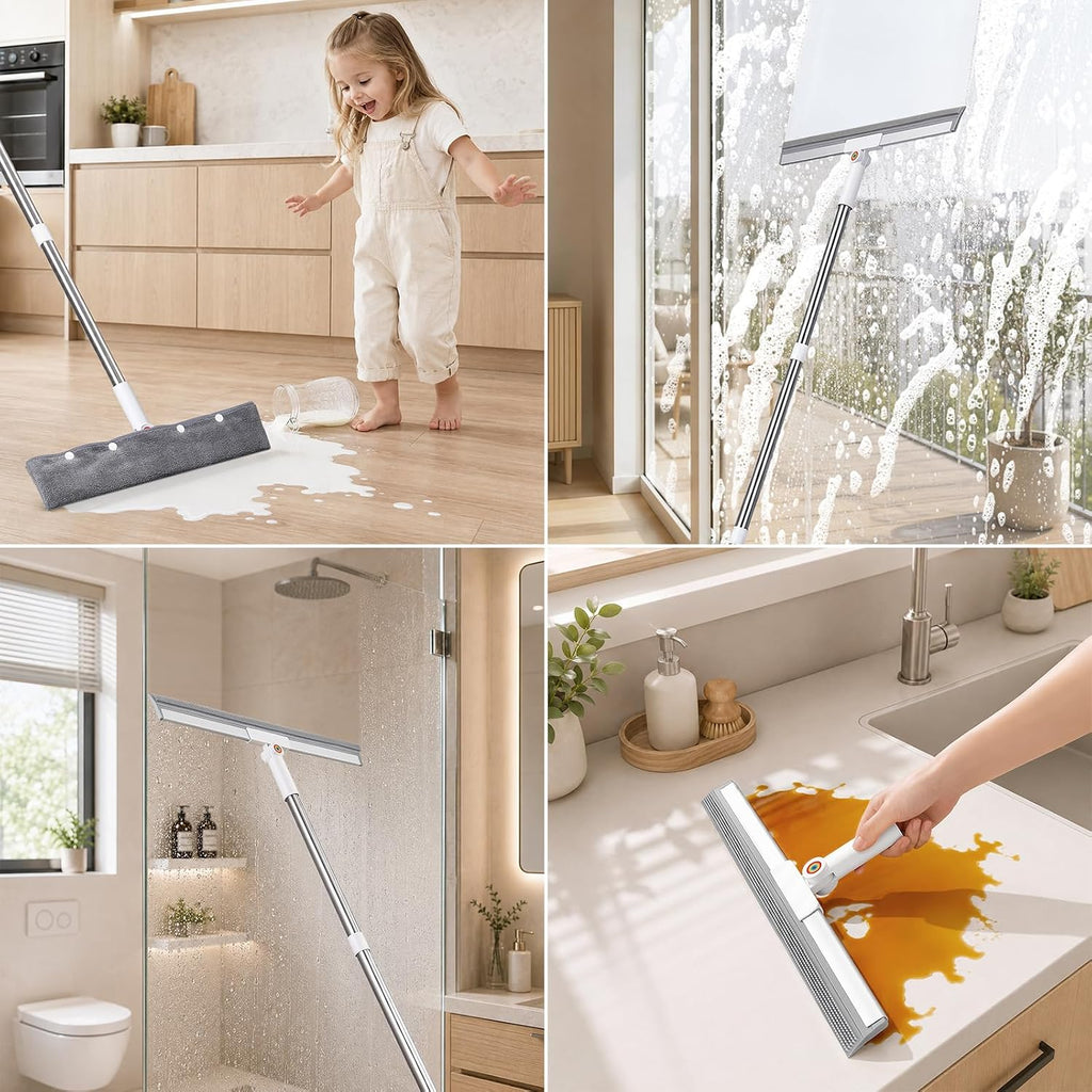 Floor Squeegee Broom, 62" Long Handle with 2 Washable Microfiber Pads