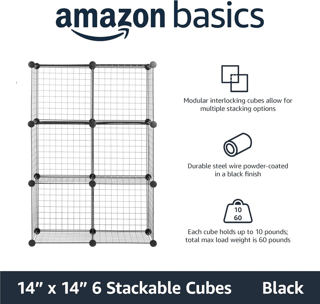 Amazon Basics 6 Cube Wire Grid Storage Organizer, Stackable Cubes, Cubby Bookcase, Display Shelf, 14" D x 14" W x 14" H, Black