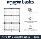 Amazon Basics 6 Cube Wire Grid Storage Organizer, Stackable Cubes, Cubby Bookcase, Display Shelf, 14" D x 14" W x 14" H, Black