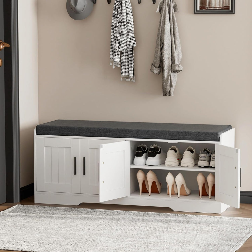 Homleke Shoe Storage Bench, 4 Doors & Thickened Padded Seat Cushion