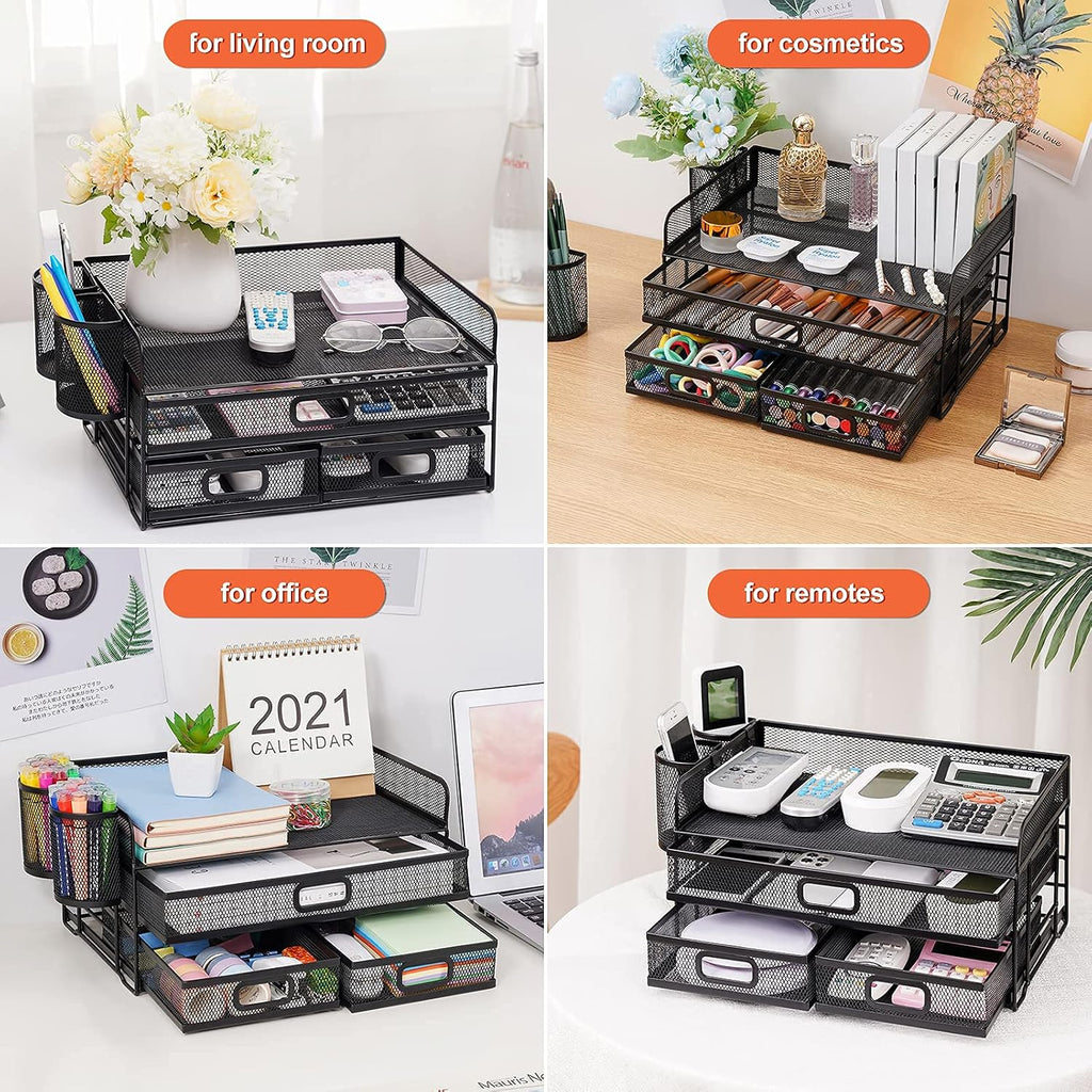 Marbrasse 3 Tier Mesh Desk Organizer with Drawer, Multi-Functional Desk Organizers and Accessories, Paper Letter Organizer with 2 Pen Holder for Home Office Supplies (Black)