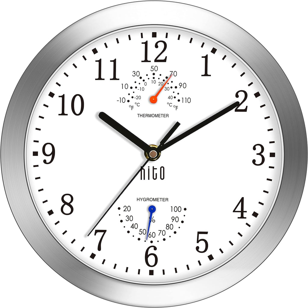 HITO 10 Inch Silent Wall Clock Battery Operated Non Ticking Glass Cover Silver Aluminum Frame, for Kitchen, Bedroom, Home Office, Living Room Decor (Black)