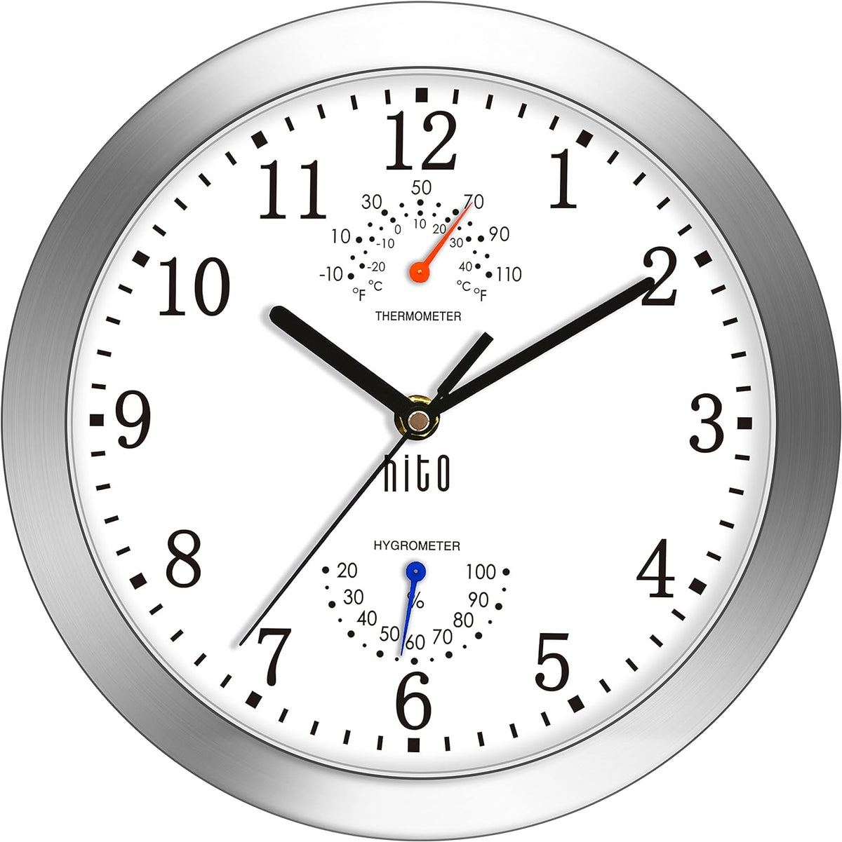 HITO 10 Inch Silent Wall Clock Battery Operated Non Ticking Glass Cover Silver Aluminum Frame, for Kitchen, Bedroom, Home Office, Living Room Decor (Black)