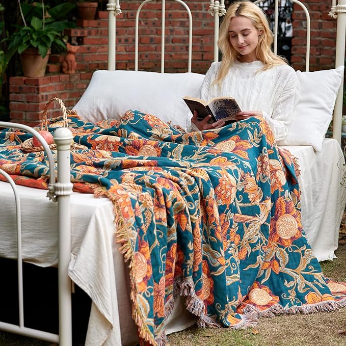 MSGKV Boho Throw Blanket for Couch Chair 100% Cotton Floral Bird Blanket - Image 7