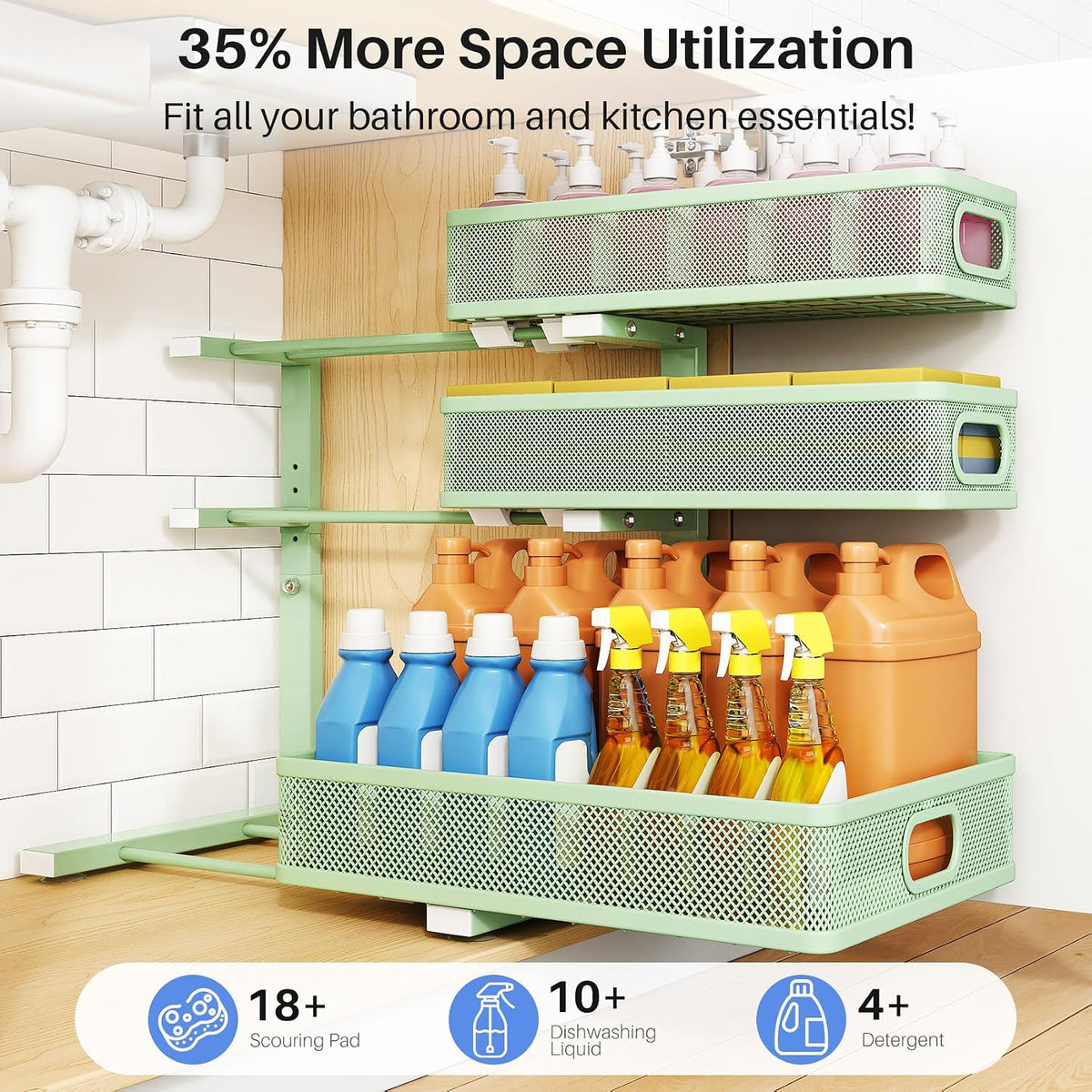 Under Sink Organizer, 3-Tier Thickened Metal Pull out Cabinet Organizer Shelf, Height Adjustable Slide out Storage Drawer Rack for Kitchen Bathroom Pantry Laundry Home Organization, 2-Pack, Green