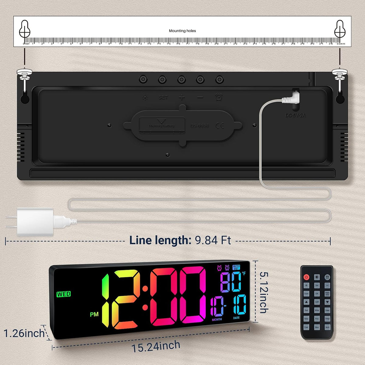16.5" Large Digital Wall Clock RGB LED Display for Classroom with Remote
