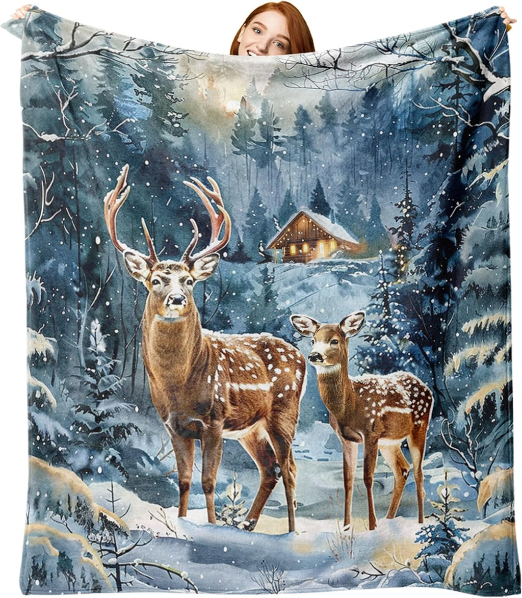 Christmas Tree Reindeer Red Flannel Throw Blanket