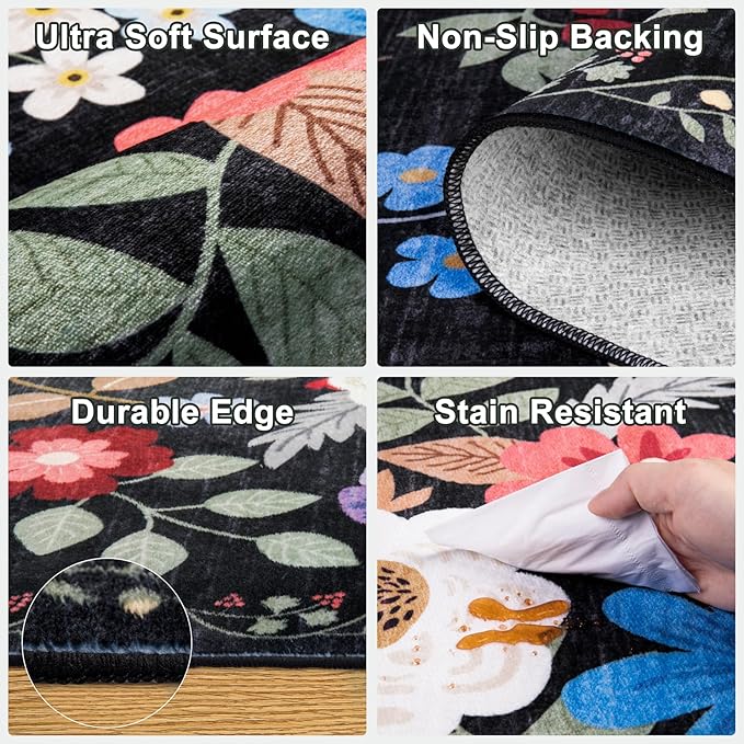 Entryway Rug 2X3 Small Rugs: Floral Washable Door Mat Vintage Soft Low Pile - Image 7