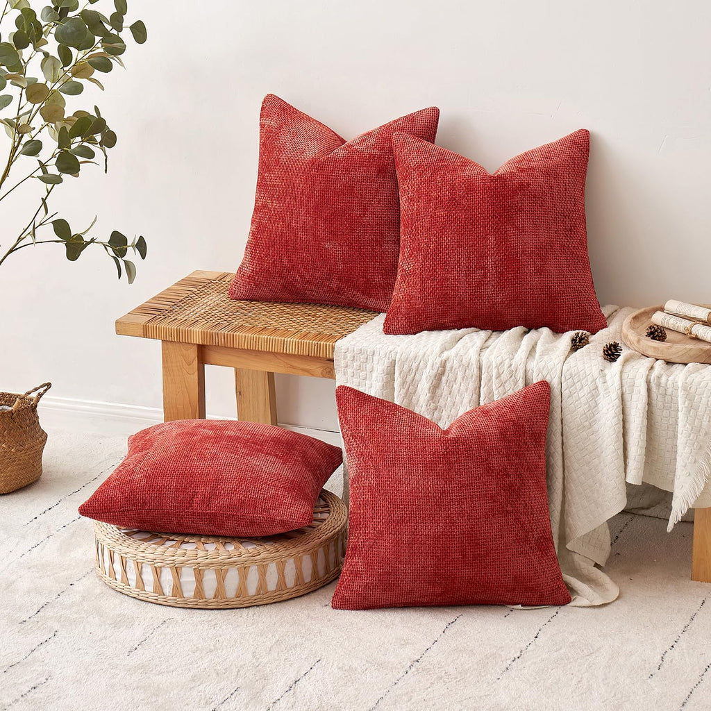 MIULEE Decorative Chenille Pillow Covers Christmas Red 18x18 Pack of 4
