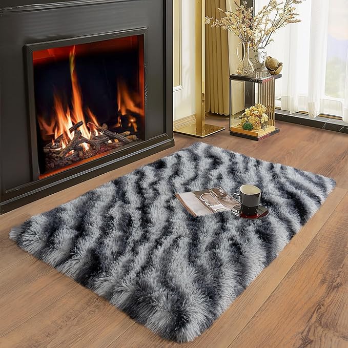 Soft Runner Rugs for Bedroom Hallways, 2x3 Black and White Fluffy Shag Throw - Image 4