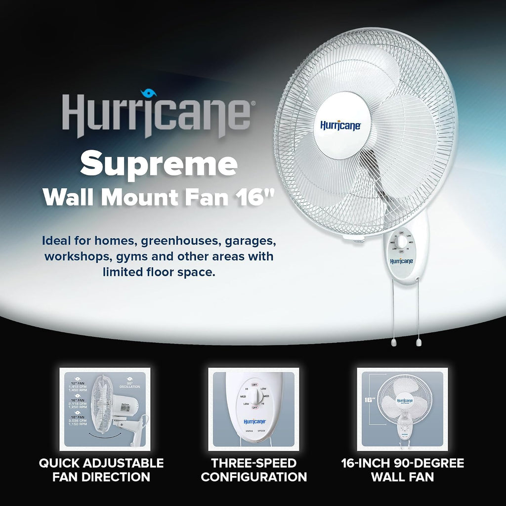 Hurricane Supreme Oscillating Wall Fan, 3 Speeds, White - 16in