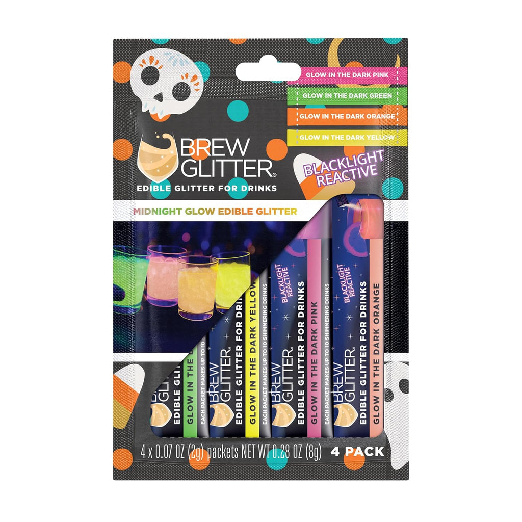 Blacklight Reactive Edible Glitter for Drinks, Variety Pack, Glowing Green, Yellow, Orange & Pink, 4 Pack