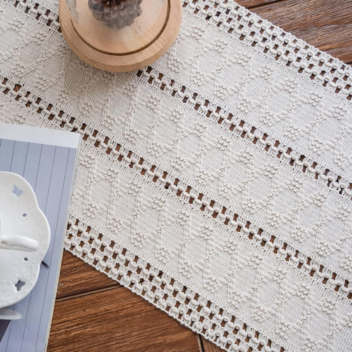 Macrame Table Runner Cream Beige Boho Table Runners with Tassels 12x71in
