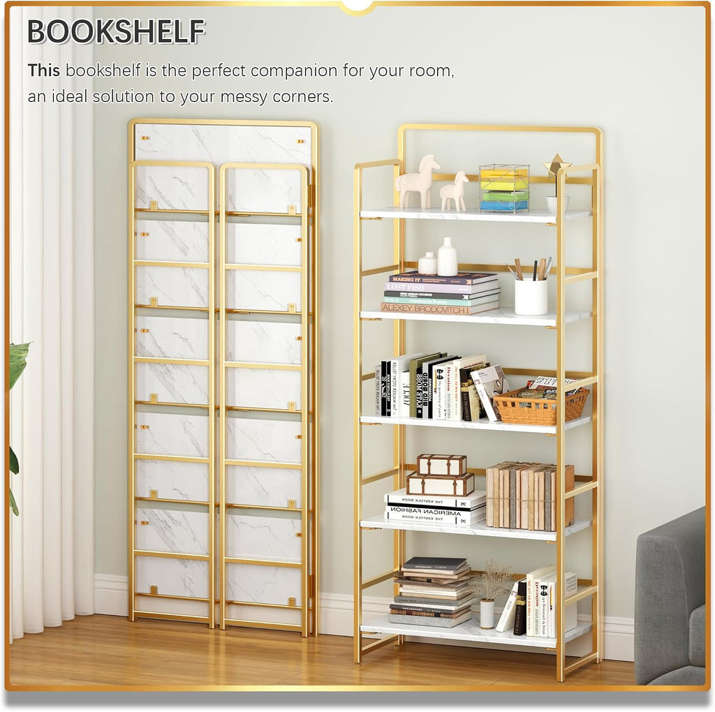 4NM No Assembly 5 Tier Folding Bookshelf Tall Storage Shelves Vintage Bookcase Standing Racks for Bedroom Living Room Home Office