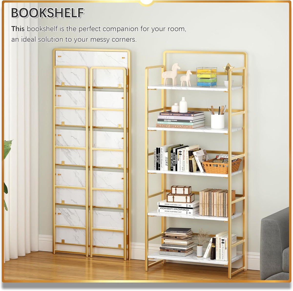 4NM No Assembly 5 Tier Folding Bookshelf Tall Storage Shelves Vintage Bookcase Standing Racks for Bedroom Living Room Home Office