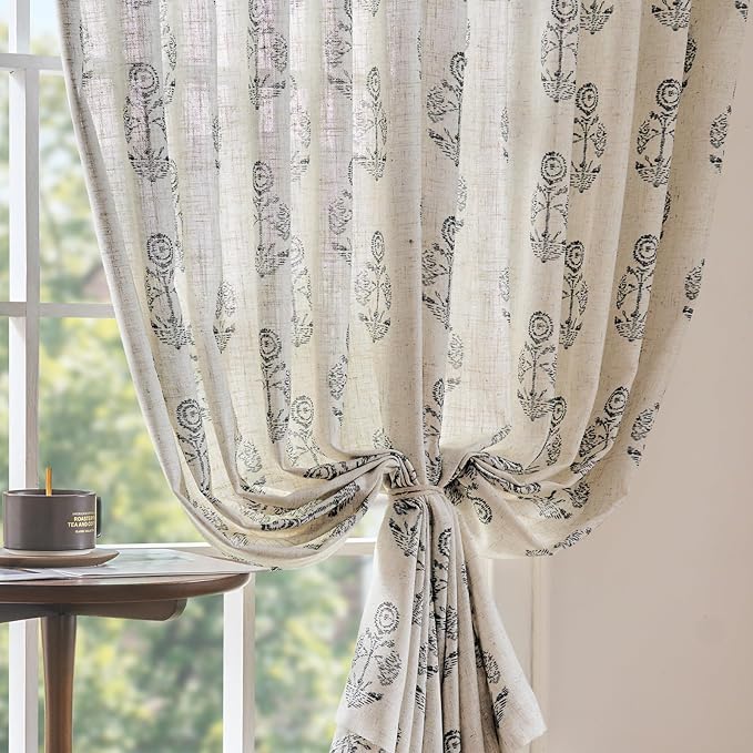 jinchan Linen Floral Curtains for Living Room 63 Inch Length Black Flower - Image 7