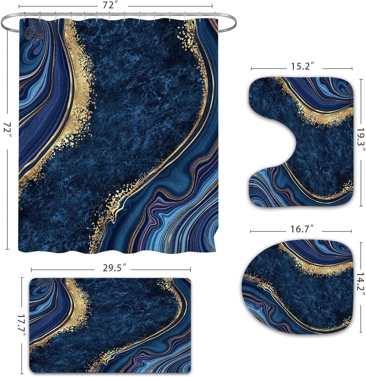 4 Pcs Luxury Marble Shower Curtain Set with Non-Slip Rugs, Toilet Lid Cover and Bath Mat, Gold Foil Navy Blue Bathroom Decor Set with Shower Curtain and Rugs and Accessories