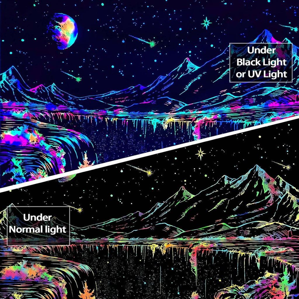 Zussun Blacklight Mountain Tapestry Starry Night Tapestries for Bedroom Aesthetic Moon and Stars Tapastry Wall Hanging Glow in The Dark Nature Forest Wall Tapestry for Living Room Dorm (48'' × 36'')