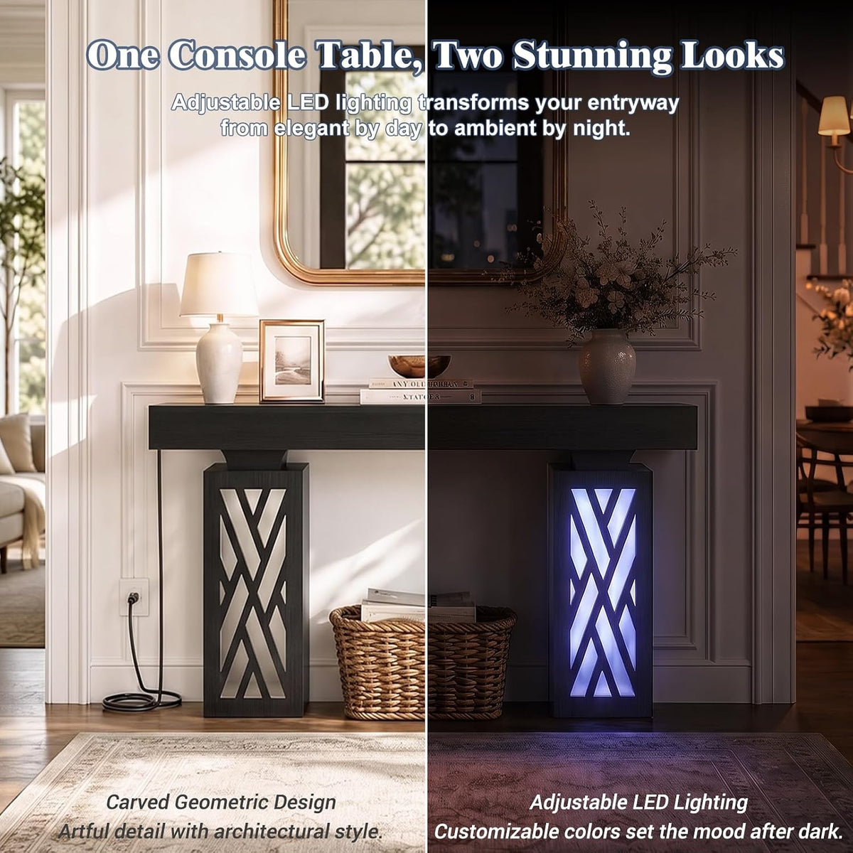 iSunirm 47.3" Extra Thick Entryway Table with LED & Outlets, Black