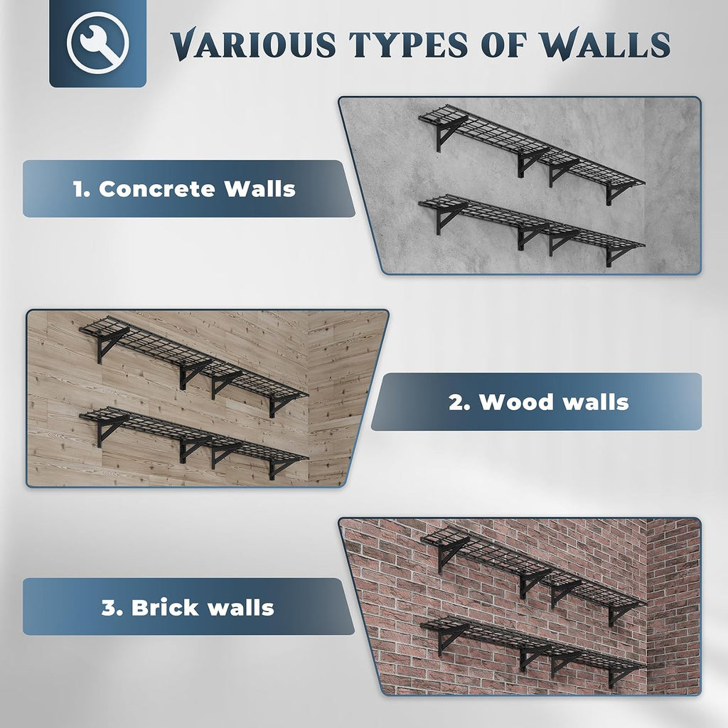 4 Pack Wall Mounted Garage Shelving, 1x4ft, 1400lbs Integrated Grid