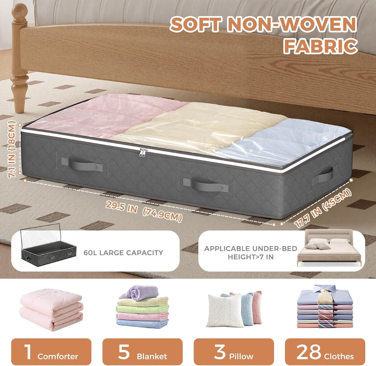 Budding Joy 60L Under Bed Storage Containers, 4 Pack Closet Organizers Grey