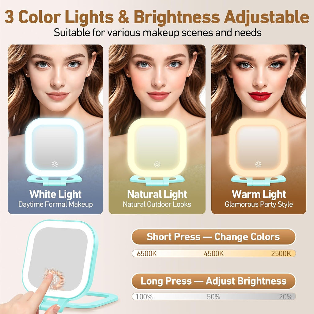 GOMIPURU Travel Mirror with Light, 1x/30x Magnifying Mirror with 3 Color Lights and Adjustable Brightness, 4.5x3.9 inch Small Compact Hangable Hand Pocket 3 Way Mirrors, Comes with Tweezer