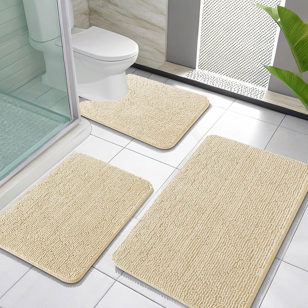OLANLY Chenille Bathroom Rugs Sets 3 Piece, 30"x20"+24"x16"+24"x20", Beige