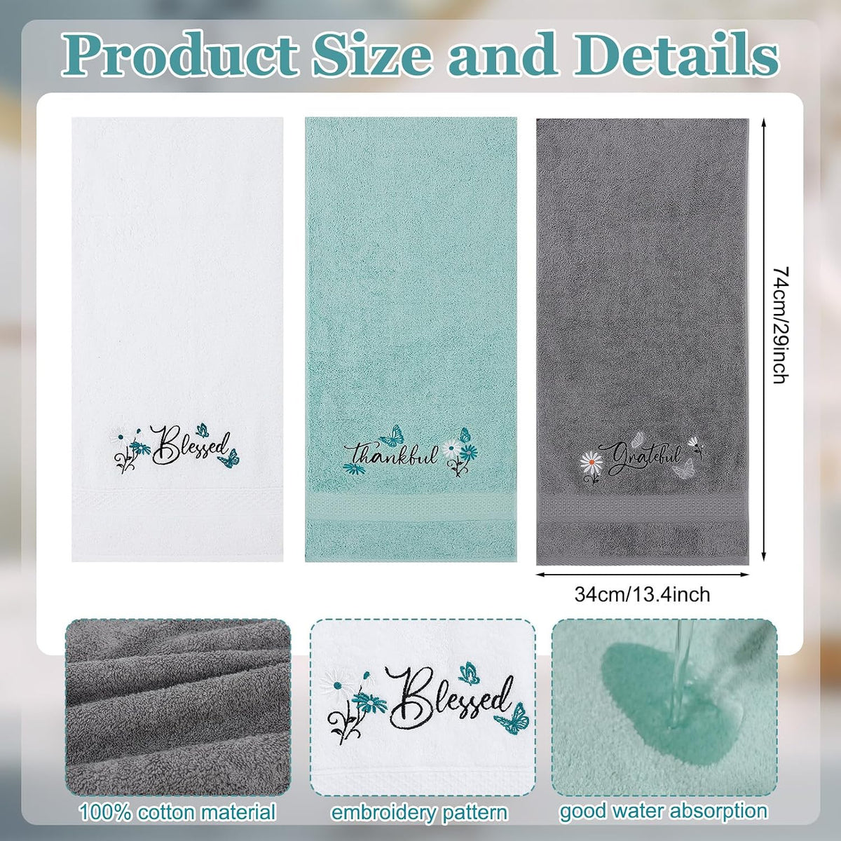 Decorative Hand Towels for Bathroom, Blessed Embroidered 3 Pack
