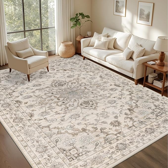 Area Rugs 10x12 Living Room Rug: Washable Rug Soft Vintage Distressed Floral - Image 2