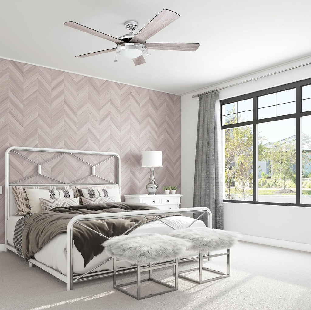 Prominence Home Bolivar, 52 Inch Modern LED Ceiling Fan with Light, Pull Chain, Dual Mounting Options, Dual Finish Blades, Reversible Motor - 80100-01 (Chrome)