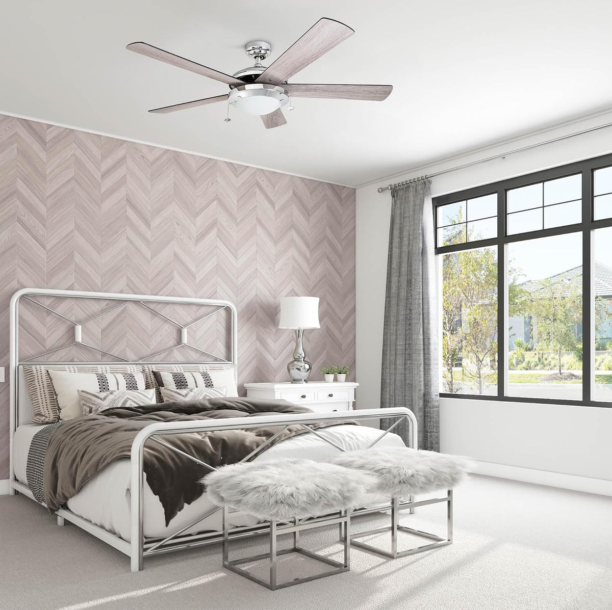 Prominence Home Bolivar, 52 Inch Modern LED Ceiling Fan with Light, Pull Chain, Dual Mounting Options, Dual Finish Blades, Reversible Motor - 80100-01 (Chrome)