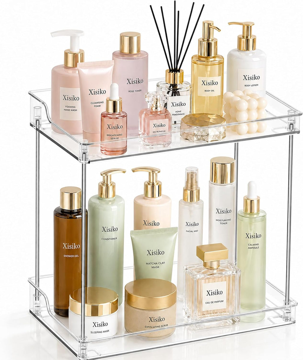 2 Tier Clear Bathroom Counter Organizer, Vanity Organizer for Skincare Makeup Perfume, Multi-Purpose Storage Shelf for Bathroom Kitchen Bedroom