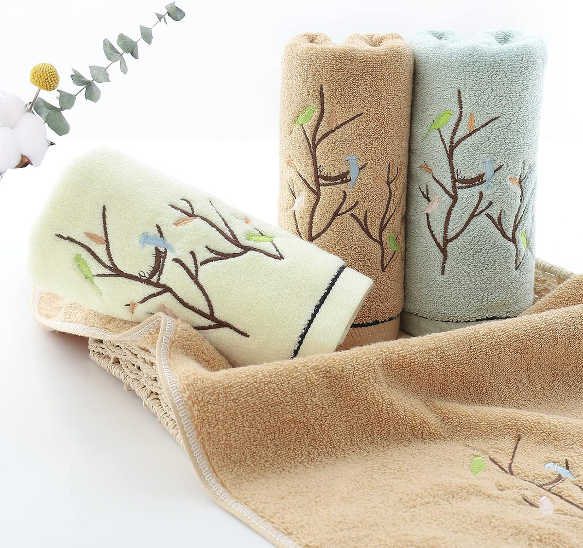 Pidada Embroidered Bird Tree Hand Towels for Bathroom Set of 2,Aqua Green