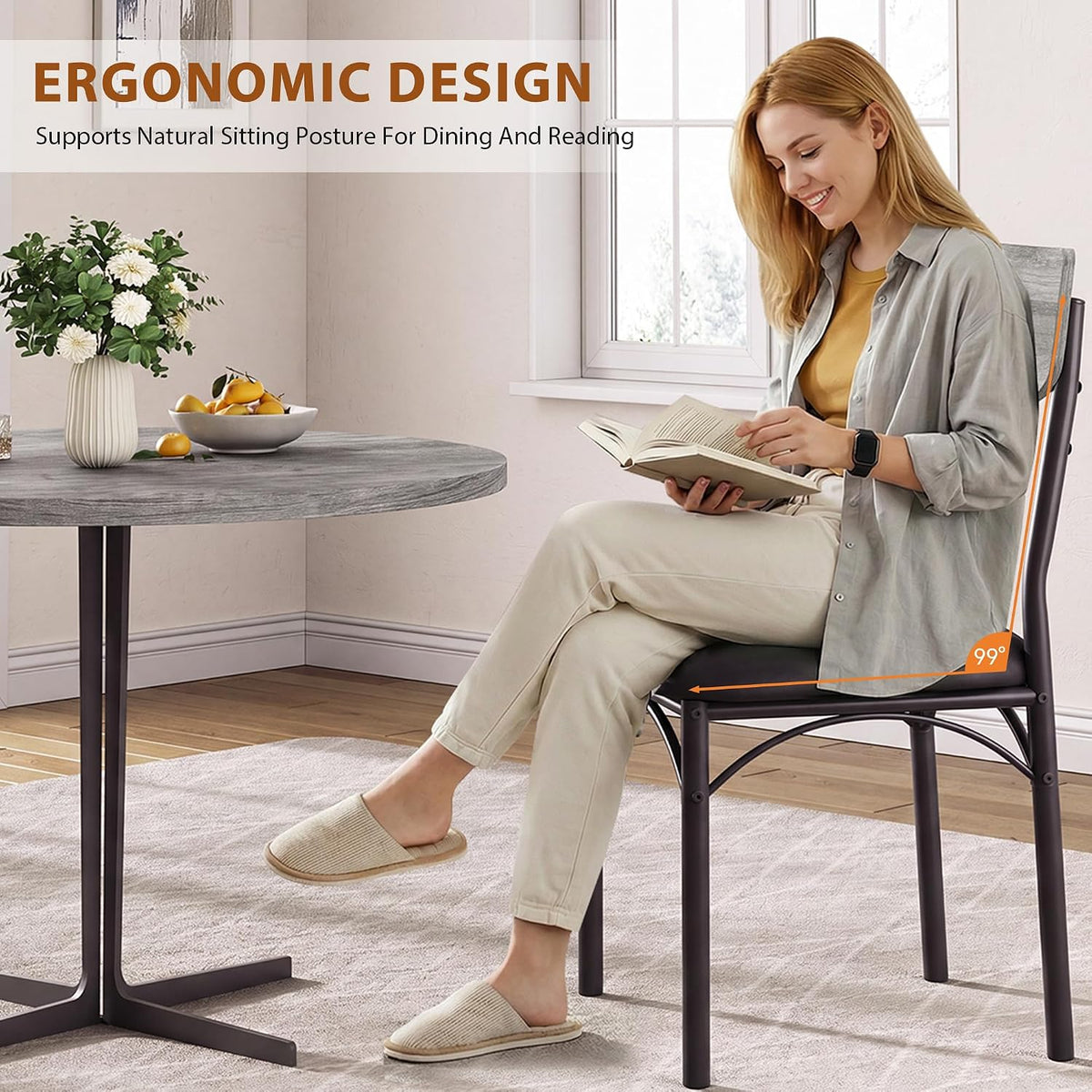 Jocoevol Dining Chairs Set of 4 - Upholstered Dining Room Chairs with PU Leather, Industrial Kitchen Chairs with Wooden Backrest and Thickened Metal Legs, for Dining Room, Living Room（Gray）