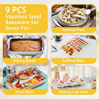 P&P CHEF 9 PCS Baking Pans Sheets, Stainless Steel Bakeware Set for Cooking