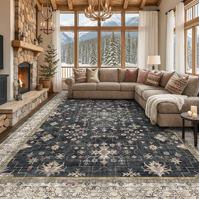 Boho Black Rug for Living Room by HazoHaus