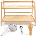 Matcha Station and Coffee Bar Organizer Set, Bamboo Countertop Shelf for Tea, Cups and Accessories, Includes Whisk, Steel Spoon and Fine Mesh Strainer