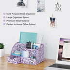 EasyPAG Pen Holder Desk Organizer with Drawer Pencil Cup for Desk 6 Compartments Metal Office Caddy Storage with Sticky Notes Holder for School Home Office, Purple