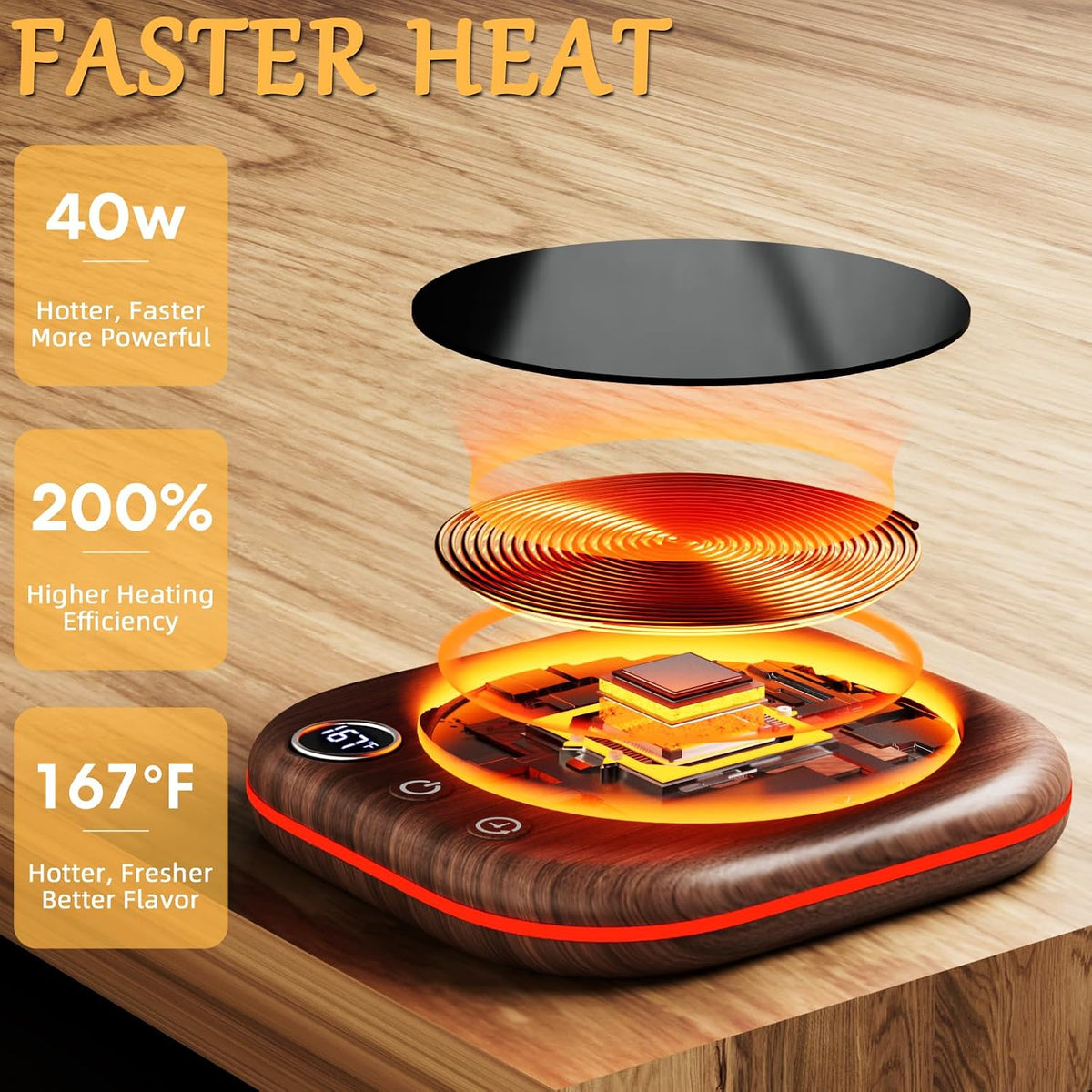 Mug Warmer Upgraded,Coffee Mug Warmer for Desk LEDs Light 3 Temp Settings (113-167°F) 1-12H Timer 4 H Auto Shut Off Beverage Cup Candle Warmer for Coffee Tea Milk(Wood Grain)